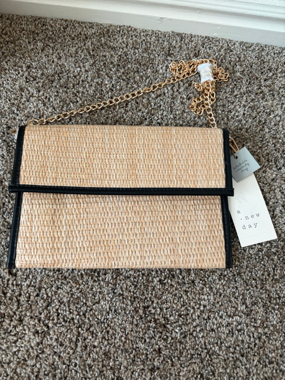a new day Straw Crossbody Bag with Black Trim and Gold Chain Strap